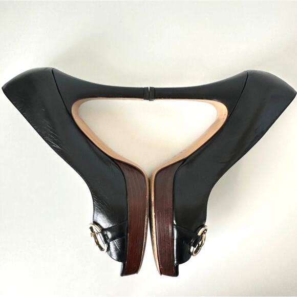 Gucci Classic Horsebit Black Leather Peep Toe Platform Heel Pumps Size 7 B - Picture 9 of 14